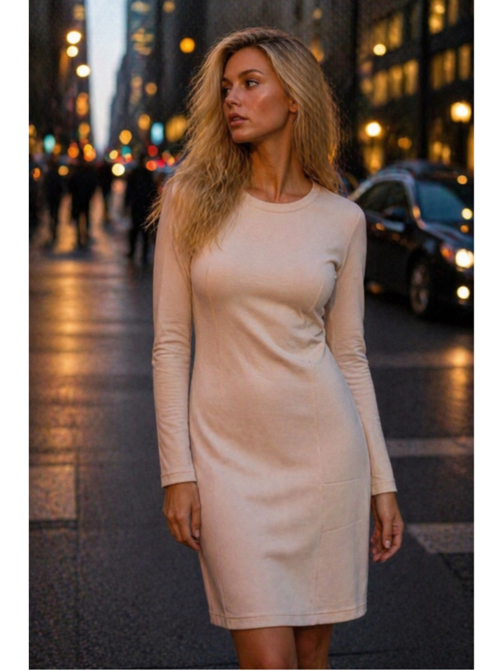 Sampeel Bodycon Knee Length Dress Beige Long Sleeve Minimalist Quiet Luxury Boho